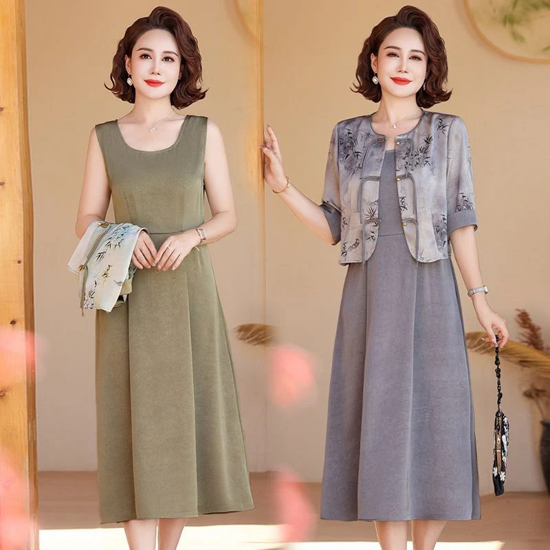2024年连衣裙中老年妈妈装新两件套中长款中式中老年套装裙子女装
