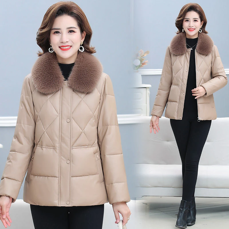 妈妈冬季棉袄加厚保暖洋气中年女装冬装PU皮棉衣35岁60棉服外套