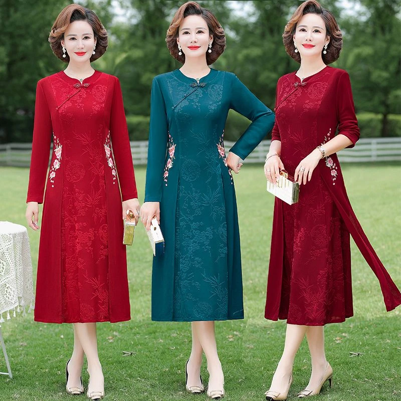 结婚婆婆季喜婆婚宴妈妈复古盘扣旗袍礼服中老年时尚提花连衣裙女