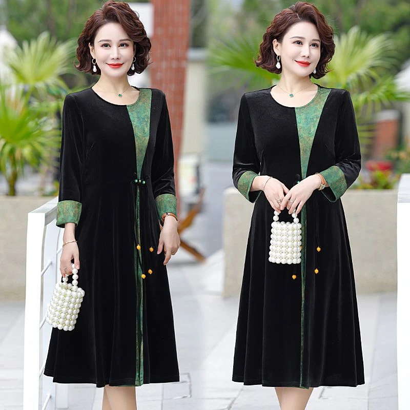 胖妈妈春季新款连衣裙气质金丝绒洋气加大码中老年女贵夫人长裙子