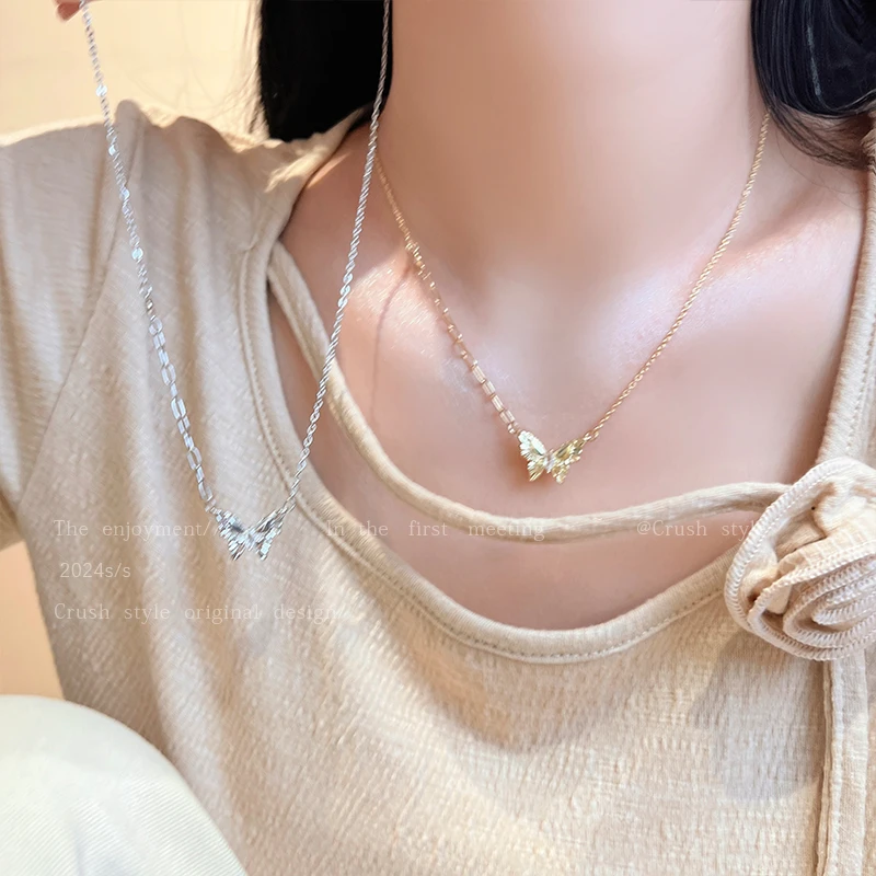 铜合金项链 小众气质镶钻蝴蝶锁骨链女时尚轻奢颈链百搭配饰YV475