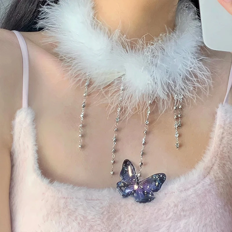 铜合金羽毛项链 LDLC超仙羽毛流苏蝴蝶锁骨链小众高级纯欲风YU286