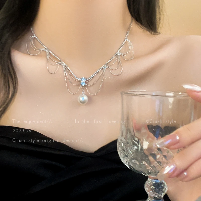 铜合金合成锆石项链 微醺氛围设计感贝珠锁骨链小众高级配饰YT958