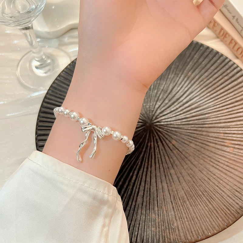 铜合金仿珍珠手链 LDLC精致贝珠蝴蝶结手链女轻奢小众高级感手饰