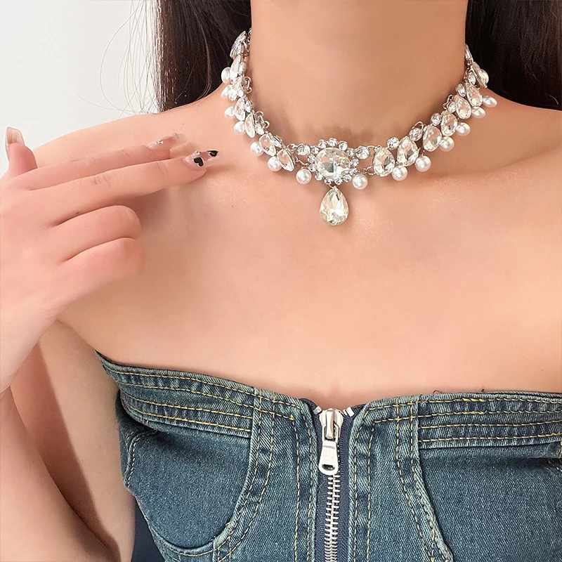 铜合金合成锆石项链 LDLC闪钻巴洛克贝珠锁骨链轻奢高级感choker