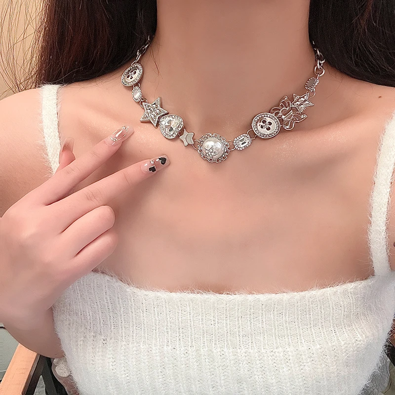 钛钢合成锆石项链 LDLC纽扣星星重工锁骨链女小众设计感辣妹配饰