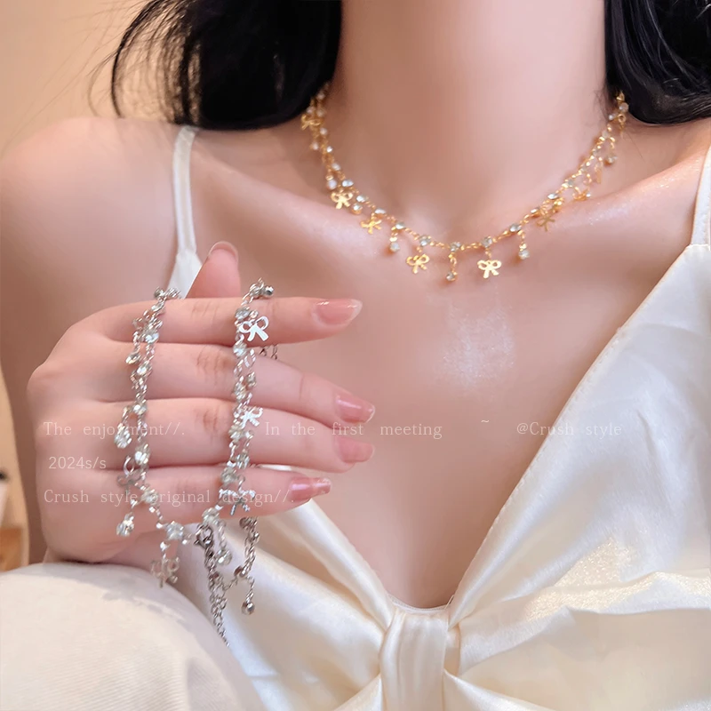 铜合金合成锆石项链 辣妹蝴蝶结流苏锁骨链女ins小众设计气质颈链