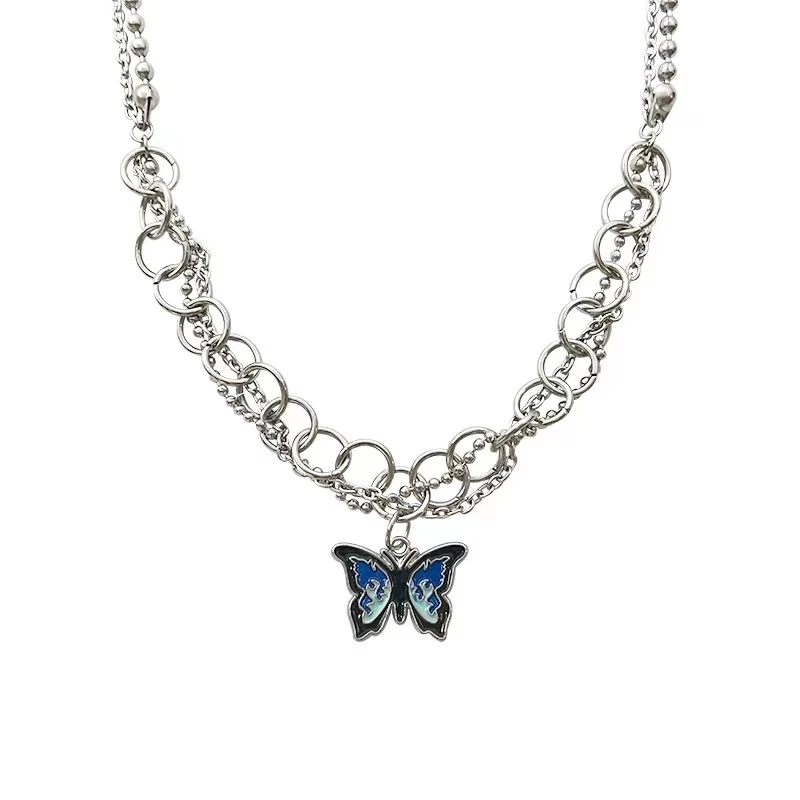 钛钢项链 LDLC蓝色蝴蝶吊坠锁骨链女甜酷辣妹小众高级毛衣链配饰