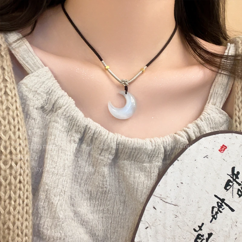 非金属布艺项链 新中式月亮编织绳锁骨链女小众长款情侣配饰YU040