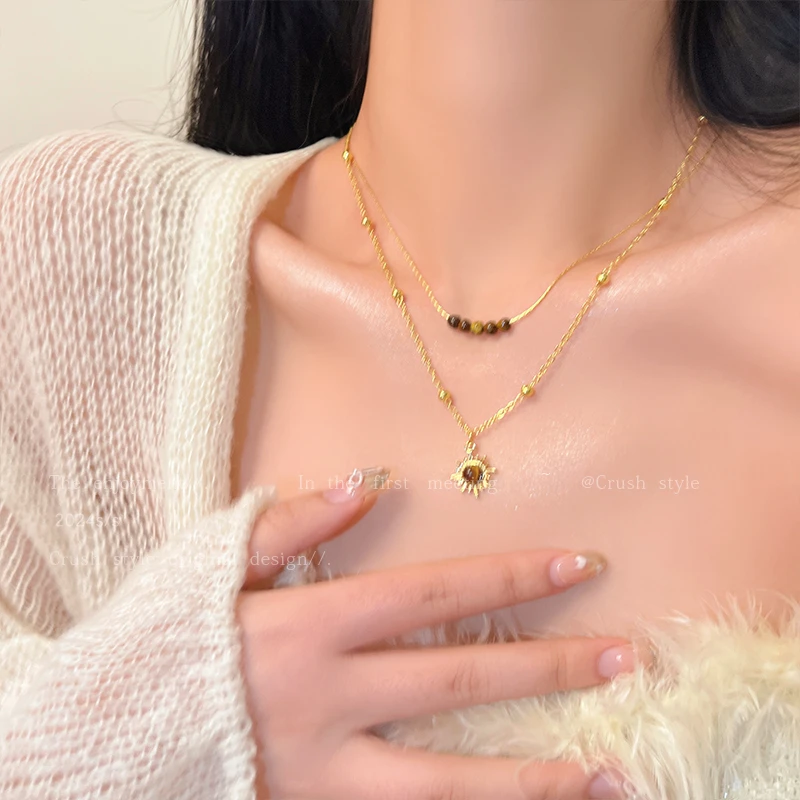 铜合金项链 复古金色太阳花毛衣链女小众设计叠戴秋冬锁骨链YV701