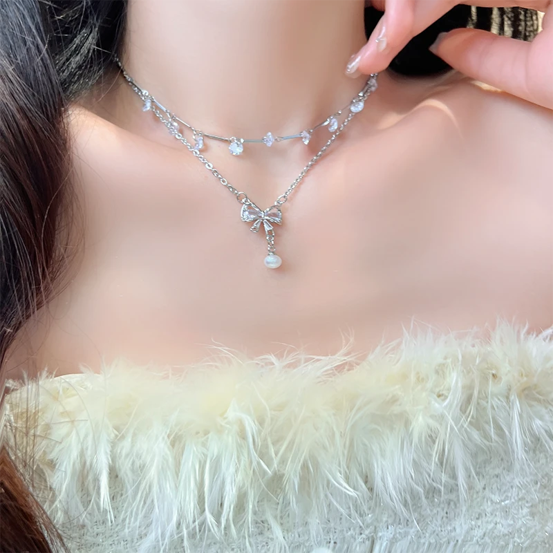 钛钢仿水晶项链 双层蝴蝶结锁骨链女轻奢高级感颈链温柔配饰YU927
