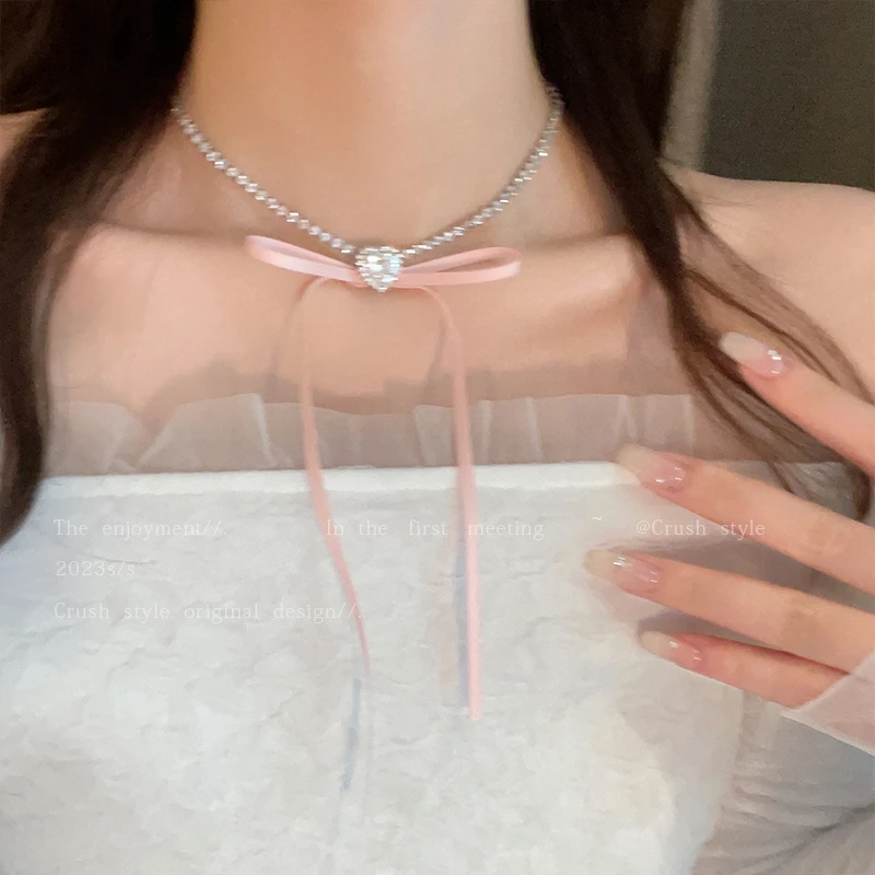 铜合金合成锆石项链 LDLC爱心蝴蝶结小众可爱设计感百搭ins时尚
