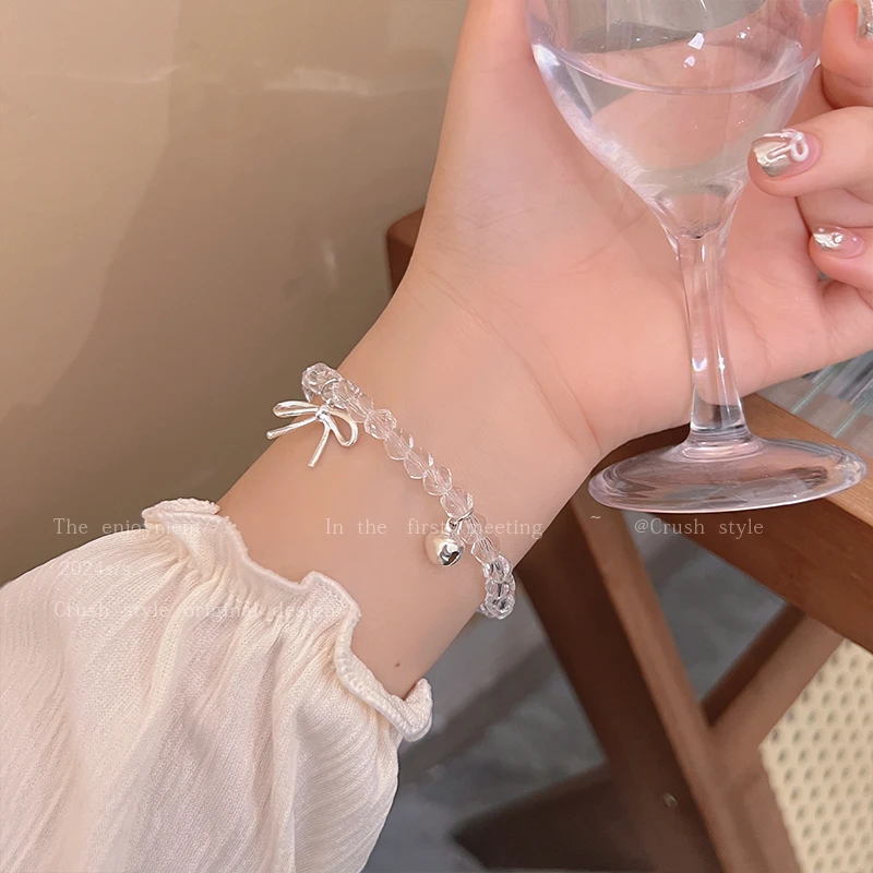 铜合金仿水晶手链 透明串珠蝴蝶结手链轻奢小众精致手链学生手饰