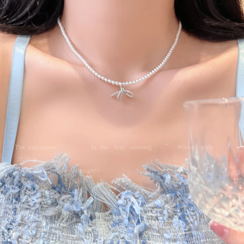 铜合金仿珍珠项链 LDLC贝珠蝴蝶结锁骨链女温柔轻奢大气百搭颈链