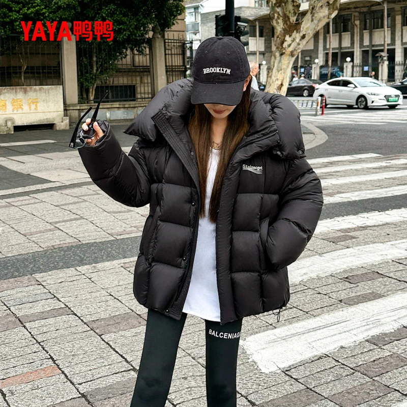 女女装银行加厚羽绒服宽松型插肩袖休闲黑色宽松女士秋冬短款黑色