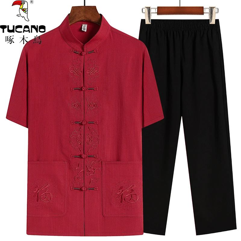 TUCANO/啄木鳥夏季中老年爸爸装国风老人棉麻休闲套装唐装男803