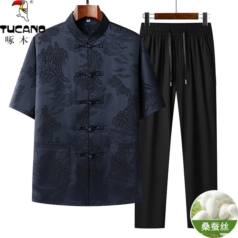 TUCANO/啄木鳥夏季休闲薄款男士中国风短袖桑蚕丝套装中式爸爸装