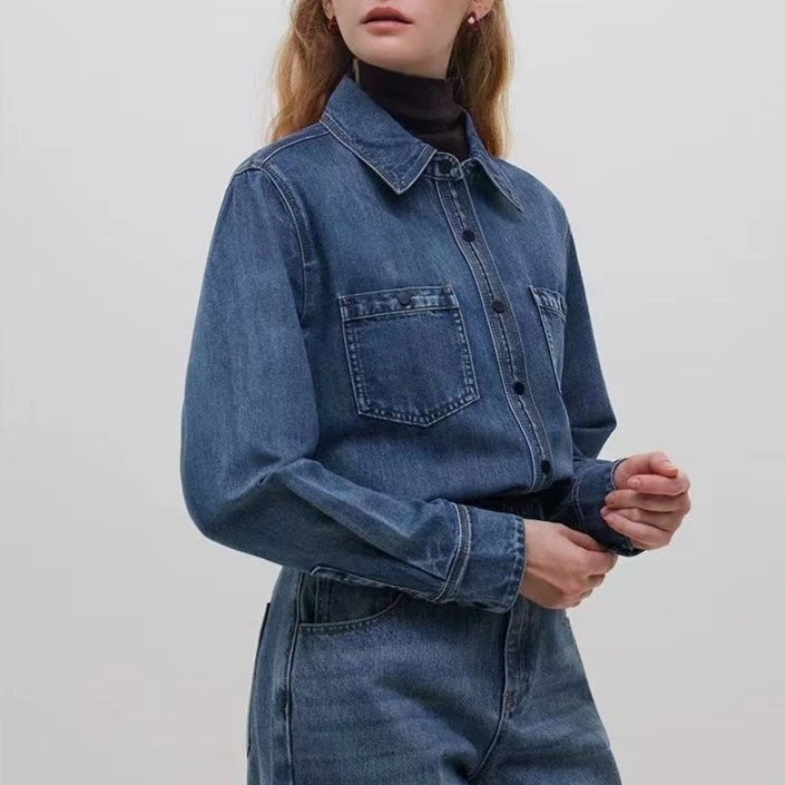 秋冬复古撞色线条设计感衬衫通勤简约直筒显瘦宽松牛仔衬衣女