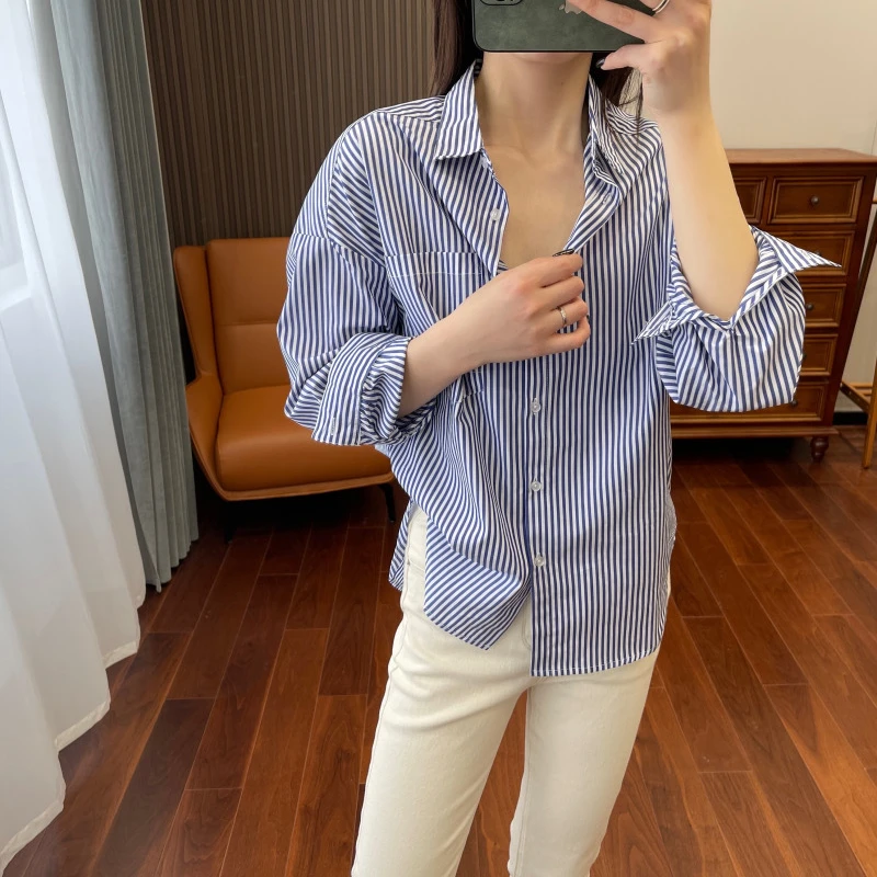 2024春季新前短后长时尚百搭宽松休闲条纹衬衫长袖内搭棉衬衣女