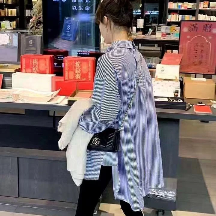 2025春夏新款细条纹宽松衬衫女长袖韩版时尚暗门襟纯棉衬衣潮女