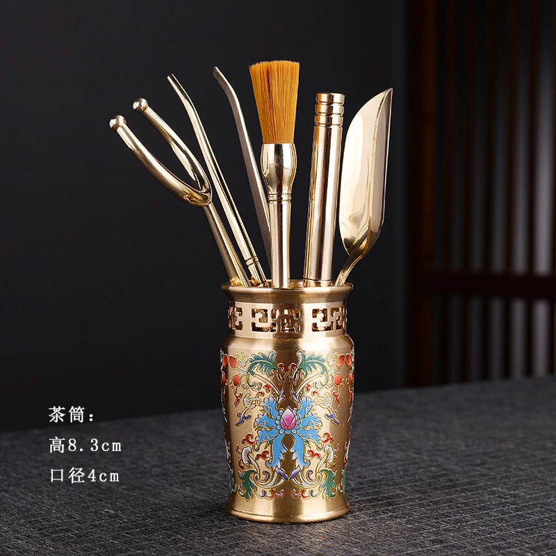 珐琅彩黄铜六君子 珐琅彩工艺茶道六件套 超高档功夫茶具