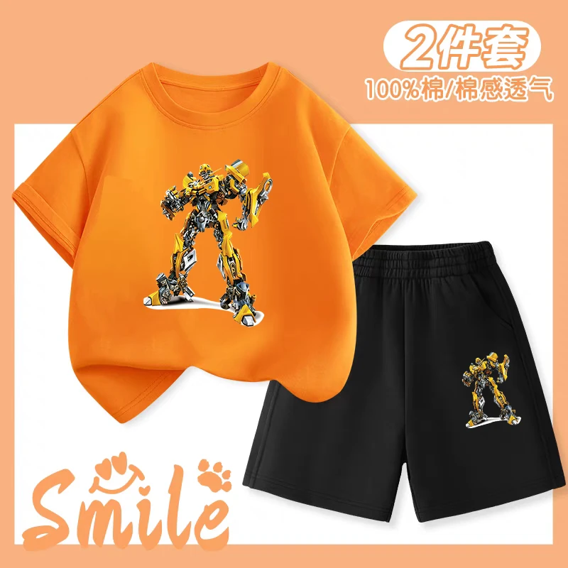 男童大黄蜂短袖纯棉套装夏季t恤童装变形金刚中大童儿童两件套潮