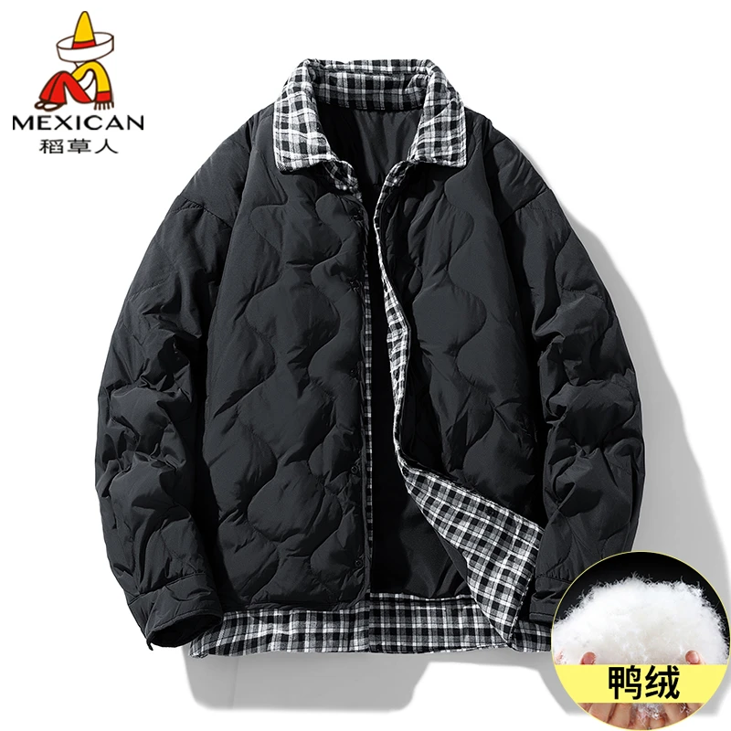 稻草人2025冬季新款衬衫领假两件羽绒服男士潮牌加厚短款冬装外套