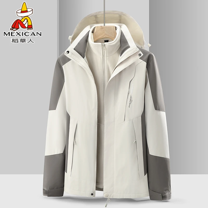 稻草人春秋季男女款冲锋衣三合一可拆卸宽松外套户外防风登山服