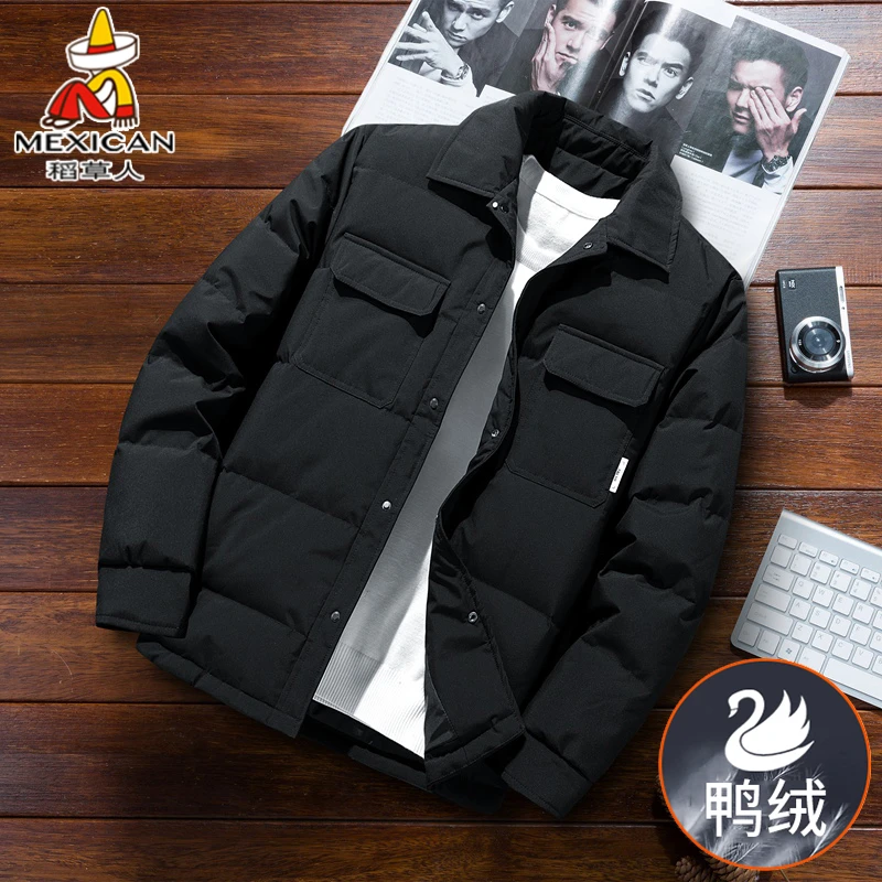 稻草人冬季羽绒服男士短款潮牌工装帅气加厚翻领衬衫防寒鸭绒外套