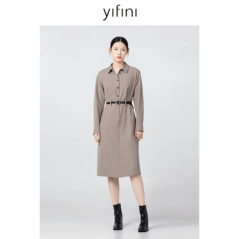【Yifini】衬衫翻领设计通勤休闲时尚连衣裙B10Y3807