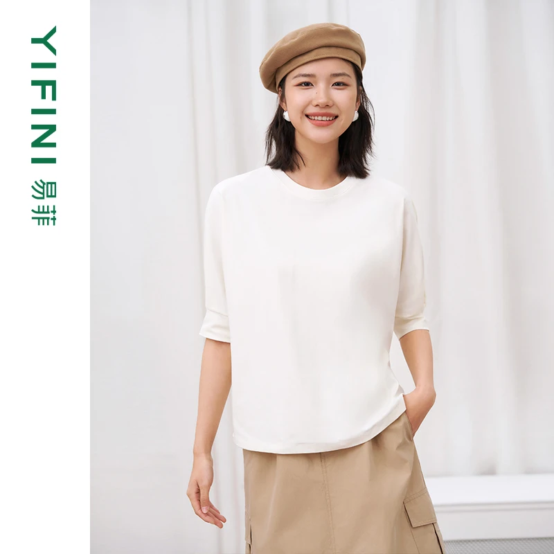 【Yifini】立体剪裁压褶袖弹力高支棉简约通勤休闲T恤B04Z5913