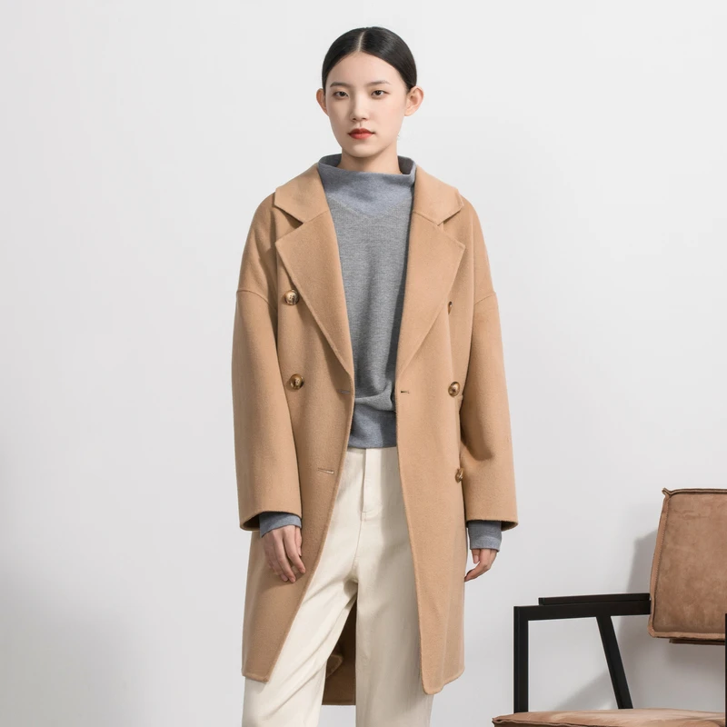 【Yifini/易菲】新款人工缝制双排扣廓形双面呢时尚大衣2110D905