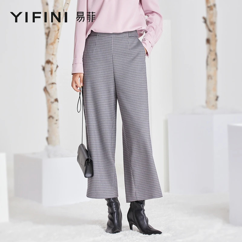 【Yifini】-休闲宽松显瘦阔腿直筒格子裤九分裤2110K420