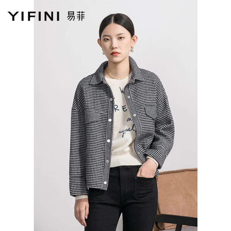 【Yifini/易菲】翻领千鸟格通勤休闲大气夹克双面呢大衣2109T925
