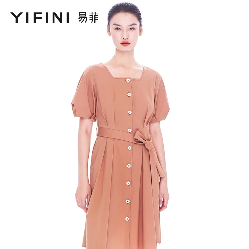 【Yifini】专柜同款-金盏橘色夏季时尚H型短袖连衣裙A04Y1411
