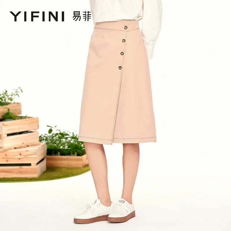 【Yifini】专柜同款-春季新款撞色线纽扣A型中长半裙2202Q003