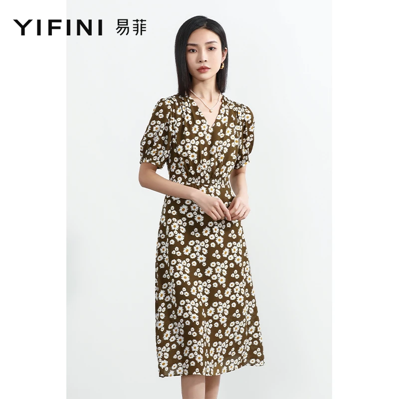 【Yifini】夏季新品v领印花小碎花收腰显瘦通勤气质连衣裙B05Y5903