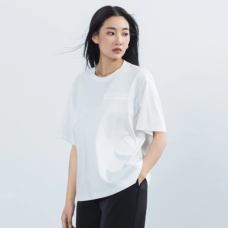 【Yifini】新品圆领慵懒落肩袖舒适亲肤假口袋T恤B04Z3913