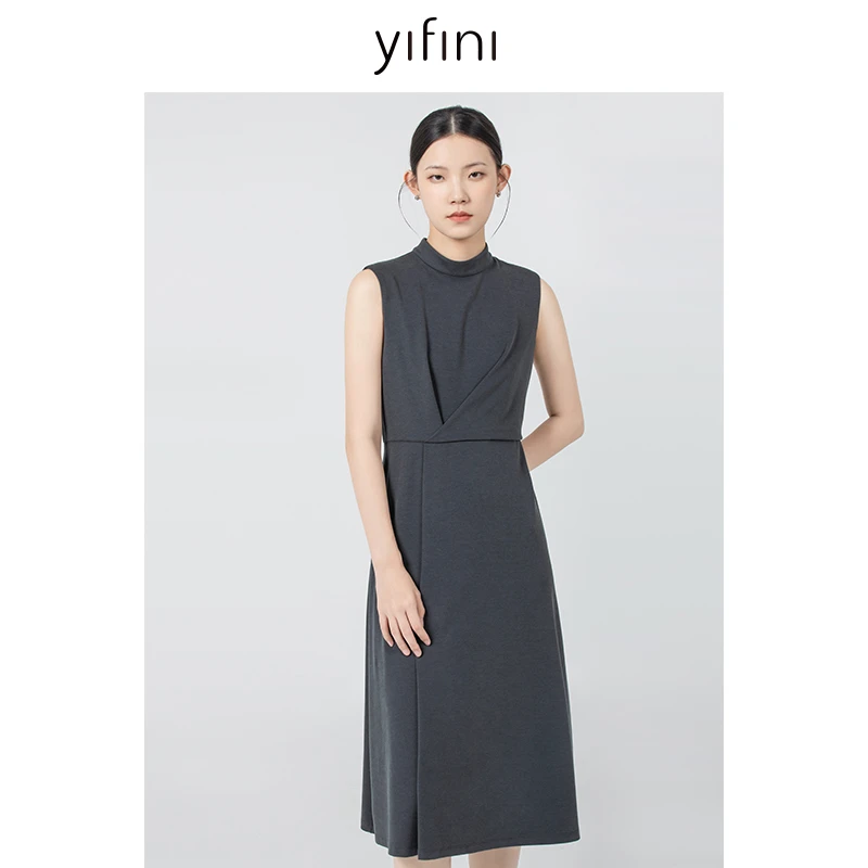 【Yifini】精致小立领时尚显瘦X型无袖设计连衣裙B09Y3997