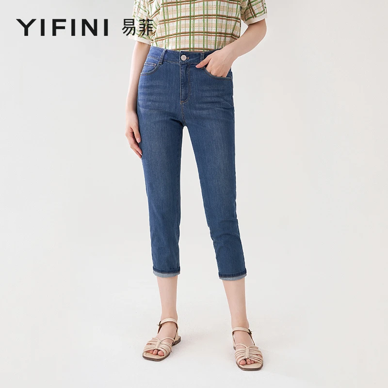 【Yifini】夏季新品休闲薄款显瘦时尚弹力锥型八分牛仔裤B04K1026