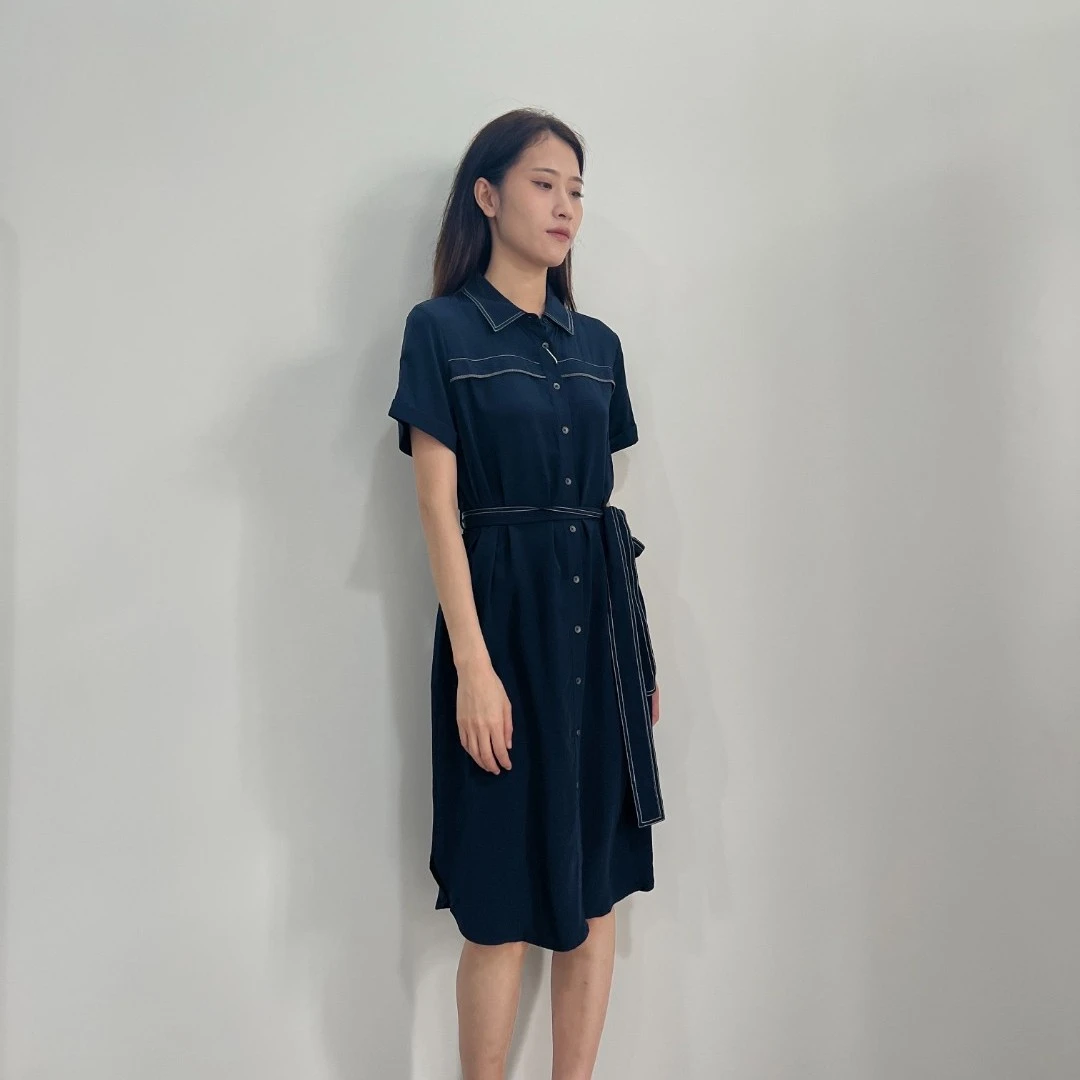 【Yifini】18姆米真丝双绉桑蚕丝可系带衬衫式H型连衣裙2107Y704