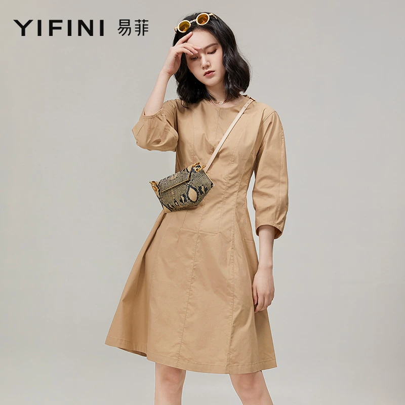 【Yifini】斜纹涤棉休闲风收腰显瘦款泡泡袖X型气质连衣裙2107Y904