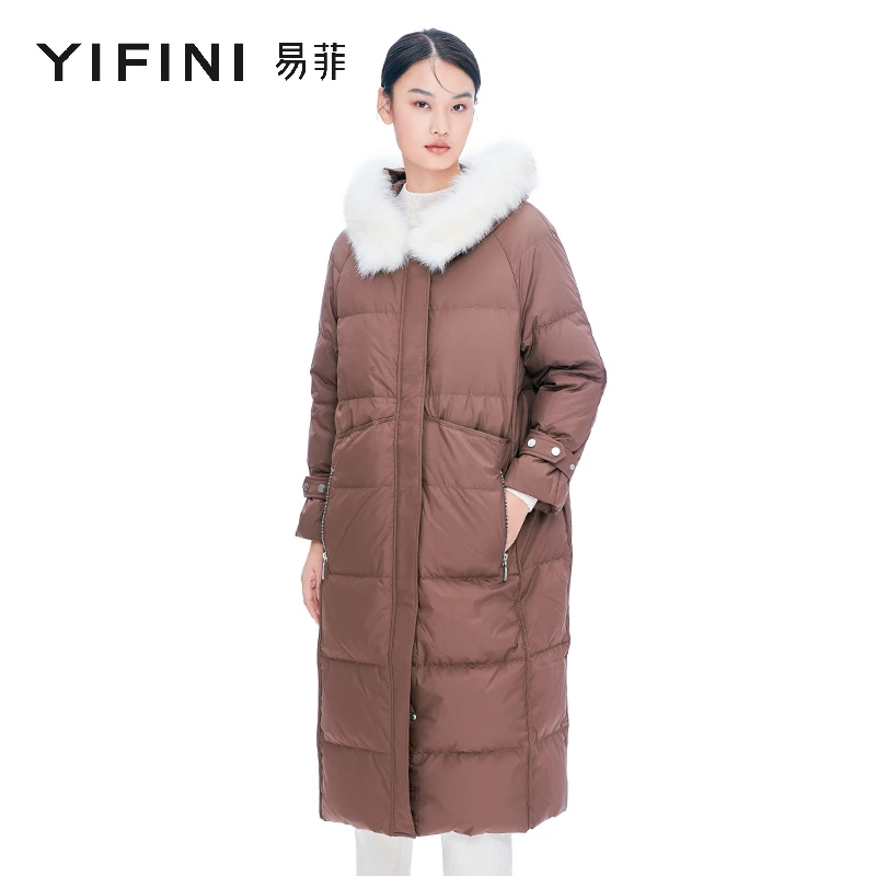 【Yifini】商场同款-冬季宽松加厚保暖连帽长款羽绒服2111E710