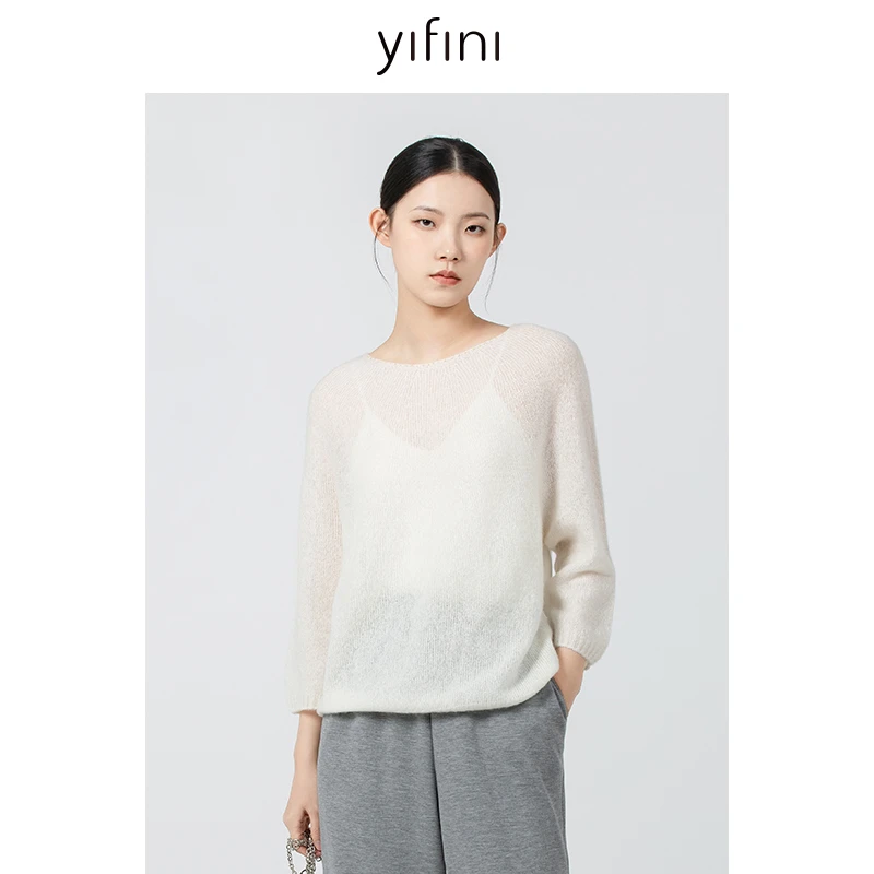 【Yifini】混纺圆领精致百搭宽松细腻珠边毛衫2107M920