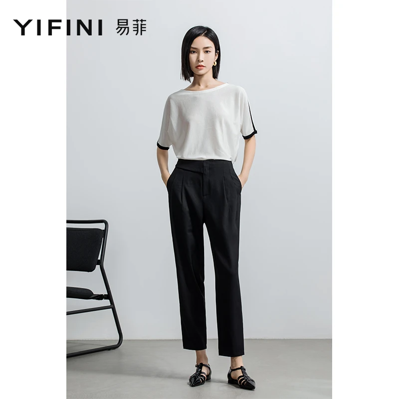 【Yifini】时尚简约显瘦黑色通勤休闲宽松小脚垂感9分裤A02K3931