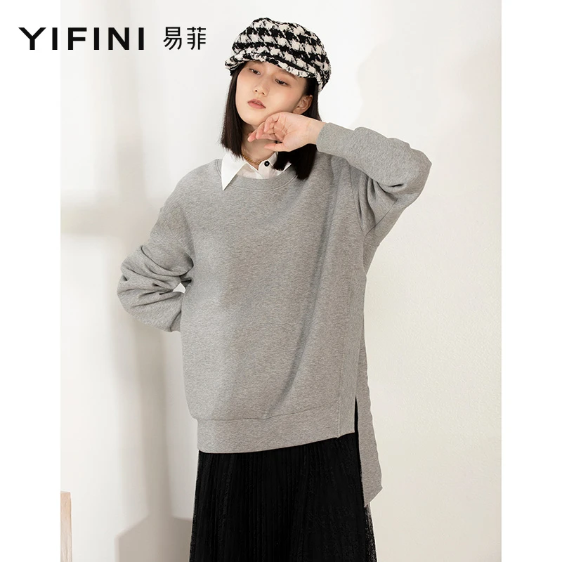 【Yifini/易菲】 新款纯色珠纹空气层侧边开叉设计感卫衣2109W915
