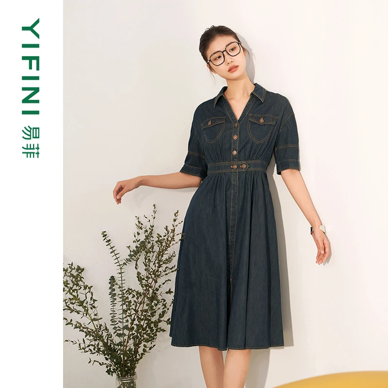 【Yifini】新品复古蓝牛仔法式休闲优雅收腰显瘦连衣裙 B04Y3954