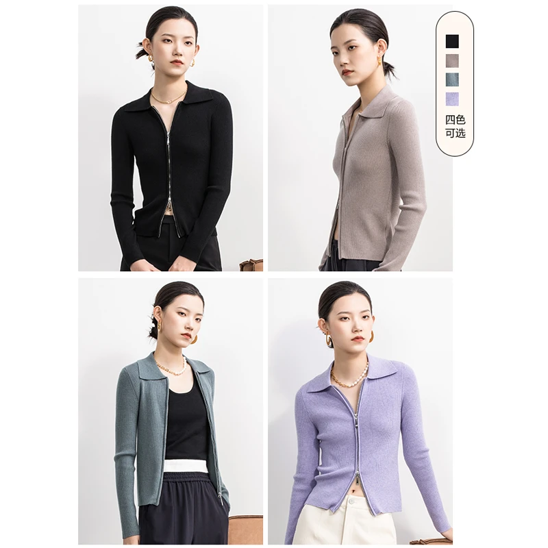 【Yifini】翻领双头拉链休闲两穿竖条针织纹理长袖毛衫