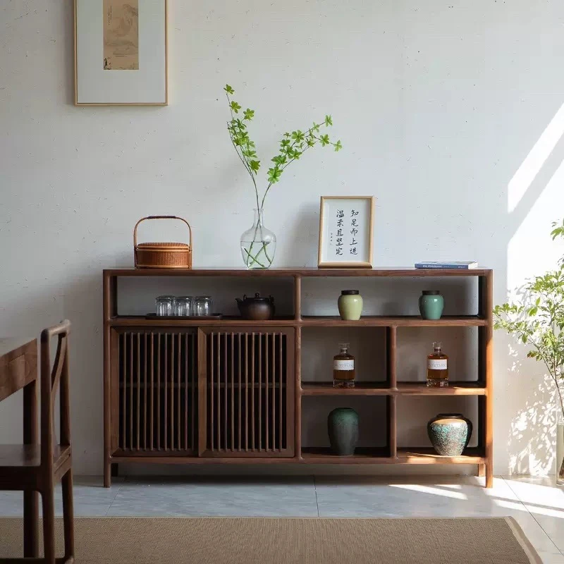 栖于木云览边柜新中式茶边柜黑胡桃色老榆木茶室书房客厅茶叶柜