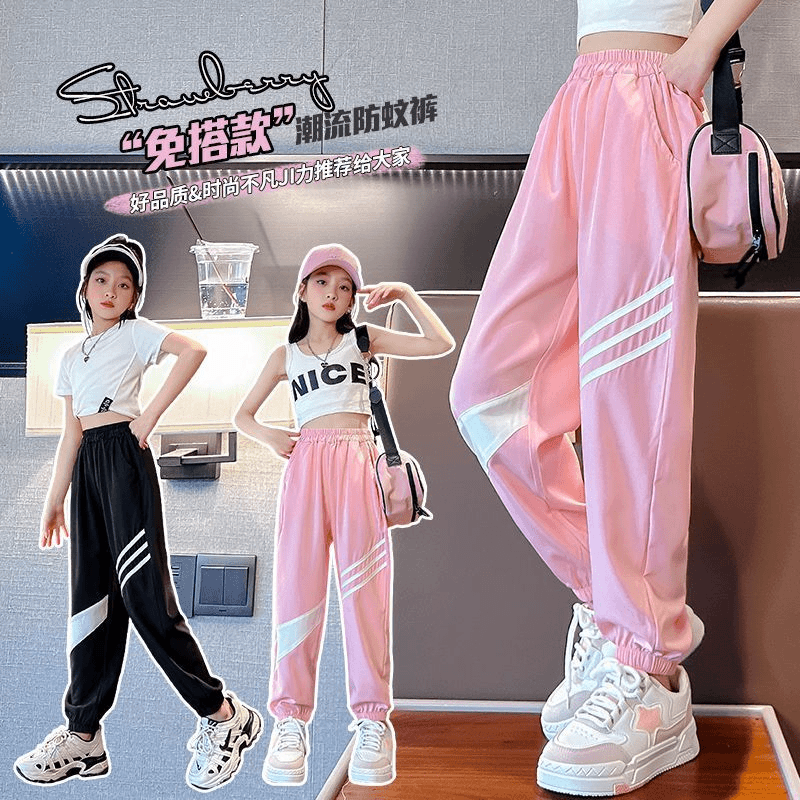 女童裤子夏季薄款2024新款三条杆中大童休闲裤儿童冰丝速干防蚊裤
